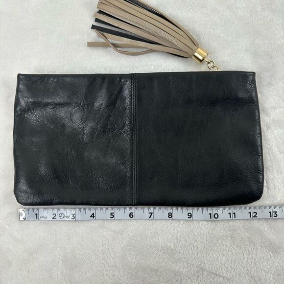 Halogen Colorblock Leather Clutch Black And Tan Top Zipper With Tassle - Picture 8 of 9